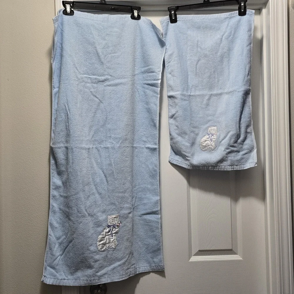 VTG Blue Terrycloth Towel Set Cat Kitten Satin Appliqué 3-Piece‎ Royal Pacific